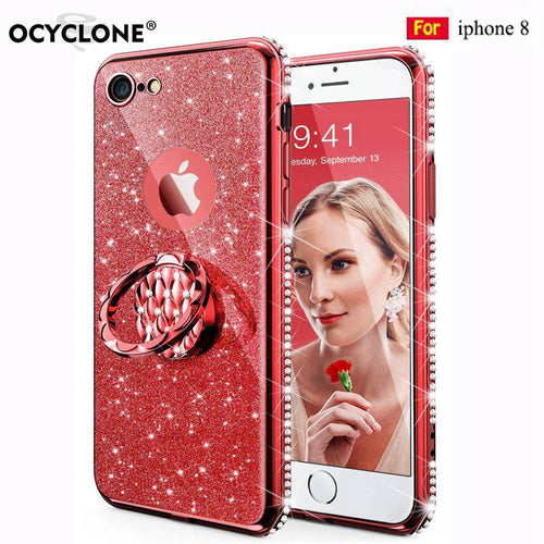 Armor for iphone 8 Case Cover iphone 8 plus Silicone Transparent Bling Glitter Diamond 360 degree Holder Ring Kickstand