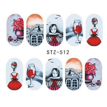 Load image into Gallery viewer, 1 Sheet Water Decals Nail Art Stickers  Flowers Cartoon 2017 New Designs Watermark Transfer Red Colorful Manicure SASTZ501-512