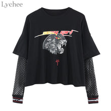 Load image into Gallery viewer, Lychee Harajuku Punk Women T Shirt Mesh Hollow Out Patchwork Letter Leopard Print Casual Long Sleeve T-shirt Tee Top