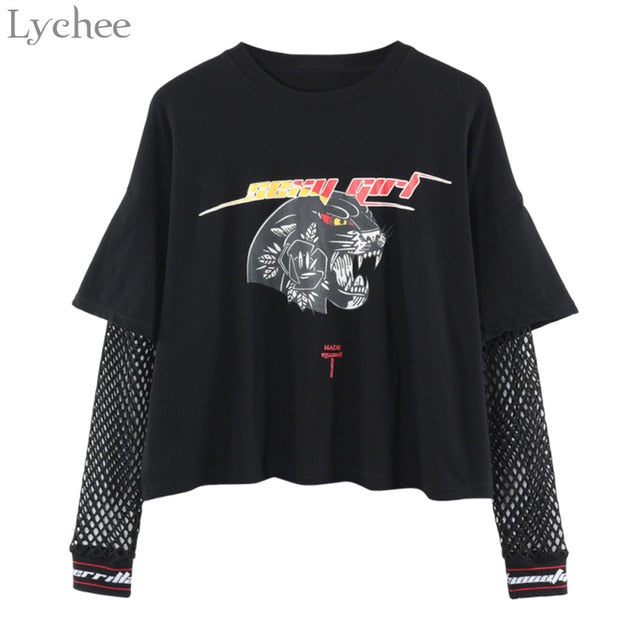 Lychee Harajuku Punk Women T Shirt Mesh Hollow Out Patchwork Letter Leopard Print Casual Long Sleeve T-shirt Tee Top