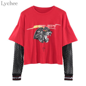 Lychee Harajuku Punk Women T Shirt Mesh Hollow Out Patchwork Letter Leopard Print Casual Long Sleeve T-shirt Tee Top