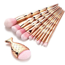 Load image into Gallery viewer, 11Pcs Diamond Rose Gold Makeup Brushes Set Mermaid Fishtail Shaped Foundation Powder Cosmetics Brush Rainbow Eyeshadow Brush Kit