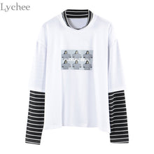 Load image into Gallery viewer, Lychee Spring Autumn Women T Shirt Character Letter Print Stripe Patchwork Casual Loose Long Sleeve T Shirt Tee Top