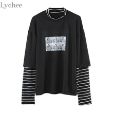 Load image into Gallery viewer, Lychee Spring Autumn Women T Shirt Character Letter Print Stripe Patchwork Casual Loose Long Sleeve T Shirt Tee Top