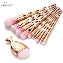 Load image into Gallery viewer, 11Pcs Diamond Rose Gold Makeup Brushes Set Mermaid Fishtail Shaped Foundation Powder Cosmetics Brush Rainbow Eyeshadow Brush Kit