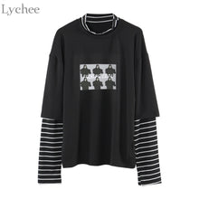 Load image into Gallery viewer, Lychee Spring Autumn Women T Shirt Character Letter Print Stripe Patchwork Casual Loose Long Sleeve T Shirt Tee Top