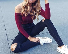 Load image into Gallery viewer, Women Off Shoulder Crop Top T Shirts Long Sleeve Short T-shirts For Women Clothing Fashion Black T-shirt Tops Tees Korean Style