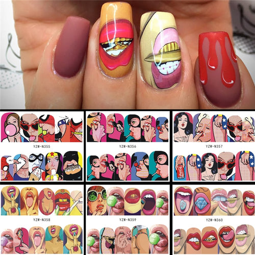 6 Designs in 1 Nail Sets Fashion Sticker Full Cover Lips Cute Printing Water Transfer Tips Nail Art Decorations 2019 New