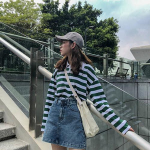 Loose Casual Vintage  Striped Basic All Match College Wind Long Sleeve Turn Down Collar Female Women Basic T-shirts