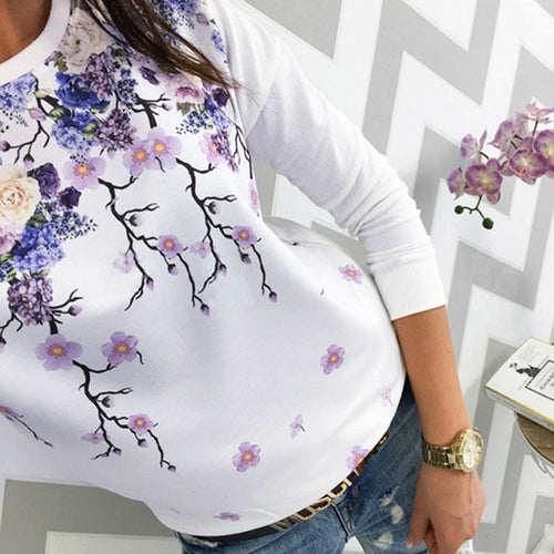 Fashion Women Loose T-shirt Long Sleeve Flower Letter Print Casual O-neck T-shirt