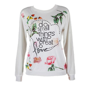 Fashion Women Loose T-shirt Long Sleeve Flower Letter Print Casual O-neck T-shirt