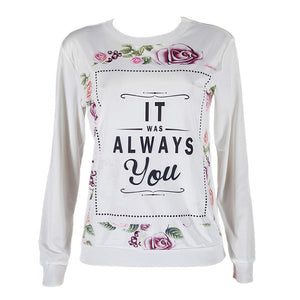 Fashion Women Loose T-shirt Long Sleeve Flower Letter Print Casual O-neck T-shirt