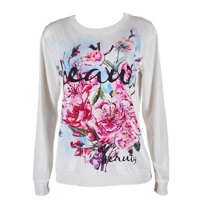 Fashion Women Loose T-shirt Long Sleeve Flower Letter Print Casual O-neck T-shirt