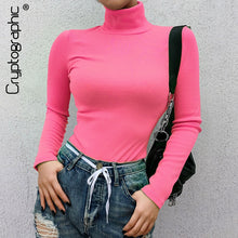Load image into Gallery viewer, Cryptographic Ribbed long sleeve 2019 new fashion neon pink solid turtleneck casual t-shirts pullover women tops streetwear