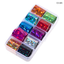 Load image into Gallery viewer, 10 Design/set  2.5*100cm Holographic Nail Art Transfer Foil Stickers Paper Starry AB Color UV Gel Wraps Nail Adhesive Decals