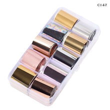 Load image into Gallery viewer, 10 Design/set  2.5*100cm Holographic Nail Art Transfer Foil Stickers Paper Starry AB Color UV Gel Wraps Nail Adhesive Decals