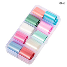 Load image into Gallery viewer, 10 Design/set  2.5*100cm Holographic Nail Art Transfer Foil Stickers Paper Starry AB Color UV Gel Wraps Nail Adhesive Decals