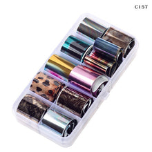 Load image into Gallery viewer, 10 Design/set  2.5*100cm Holographic Nail Art Transfer Foil Stickers Paper Starry AB Color UV Gel Wraps Nail Adhesive Decals