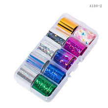 Load image into Gallery viewer, 10 Design/set  2.5*100cm Holographic Nail Art Transfer Foil Stickers Paper Starry AB Color UV Gel Wraps Nail Adhesive Decals