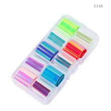 Load image into Gallery viewer, 10 Design/set  2.5*100cm Holographic Nail Art Transfer Foil Stickers Paper Starry AB Color UV Gel Wraps Nail Adhesive Decals