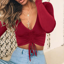 Load image into Gallery viewer, Forefair V Neck Sexy Long Sleeve Crop Tops Women Autumn Ruched Lace Up Casual Tee Shirt Black Winter Shirts Women 2018