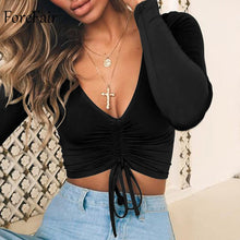 Load image into Gallery viewer, Forefair V Neck Sexy Long Sleeve Crop Tops Women Autumn Ruched Lace Up Casual Tee Shirt Black Winter Shirts Women 2018