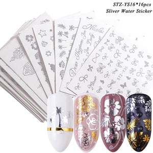 1 Set Mixed Design New Nail Art Sticker Set Black Lace Gold Silver Glitter Flower Water Decal Slider Wraps Decor Manicure CH830