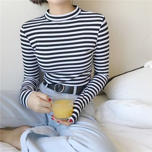 2019 Korean Style Long Sleeve T Shirts Women New Hot Sale Student T-shirt Womens Fashion Harajuku Striped Female Slim Femme Lady