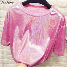 Load image into Gallery viewer, New summer retro style stylish bright silk woman tops shiny loose short sleeve t-shirt sexy club aesthetic harajuku women tshirt