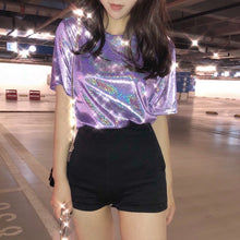 Load image into Gallery viewer, New summer retro style stylish bright silk woman tops shiny loose short sleeve t-shirt sexy club aesthetic harajuku women tshirt